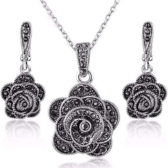 Jewelry - Vintage Black Crystal Geometric Rose Flower Necklace Earrings Jewelry Set